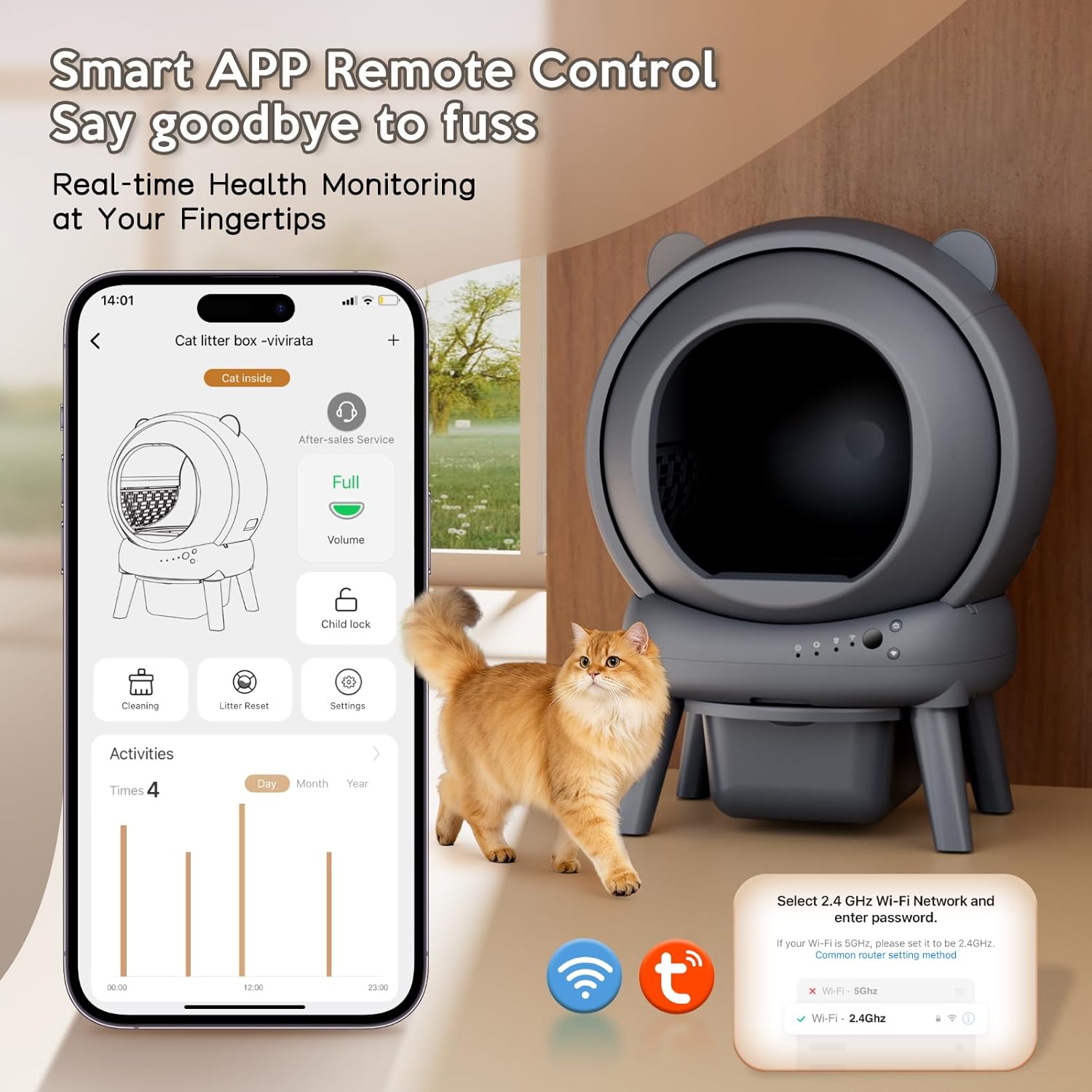 Vivirata Automatic Litter Box, Self Cleaning Litter Box with App Control, Large Capacity for Multiple Cats, Noise & Odor Control, Dual Safety Sensors, Easy Maintenance with 2 Roll Garbage Bags, Gray