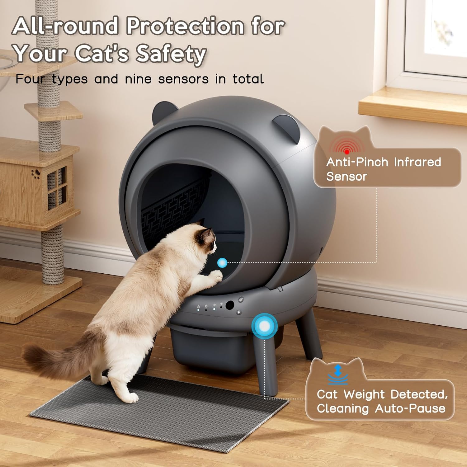 Vivirata Automatic Litter Box, Self Cleaning Litter Box with App Control, Large Capacity for Multiple Cats, Noise & Odor Control, Dual Safety Sensors, Easy Maintenance with 2 Roll Garbage Bags, Gray