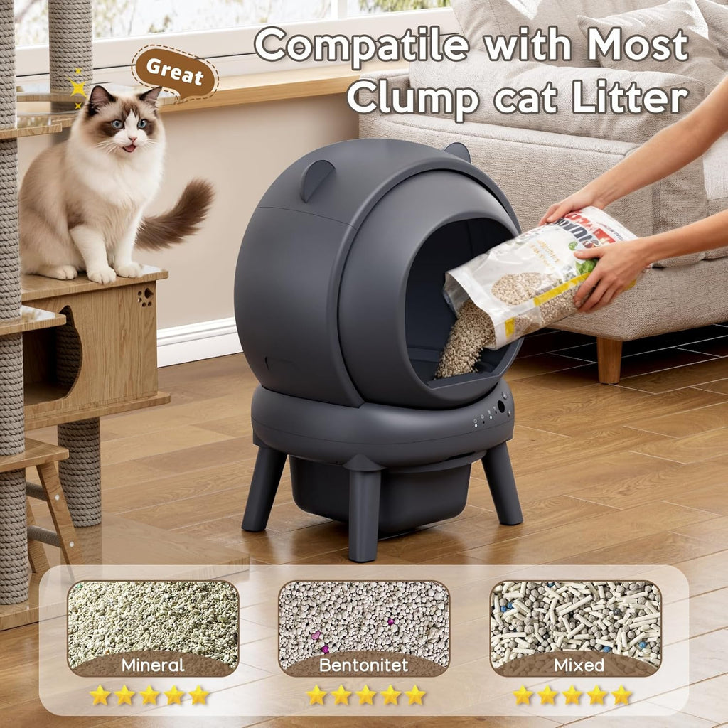 Vivirata Automatic Litter Box, Self Cleaning Litter Box with App Control, Large Capacity for Multiple Cats, Noise & Odor Control, Dual Safety Sensors, Easy Maintenance with 2 Roll Garbage Bags, Gray